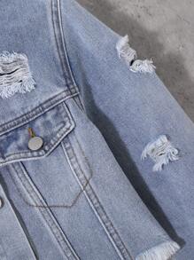 SHEIN Tween Girl Ripped Raw Hem Denim Jacket Without Tee