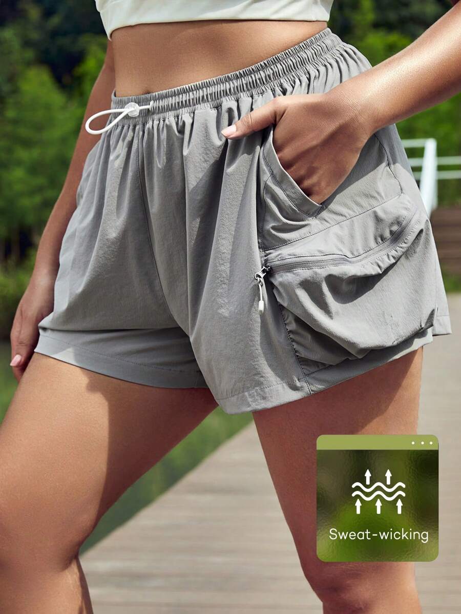 Lifespree 大碼腰部抽繩運動短褲帶手機袋 - 灰色 - 查看 1