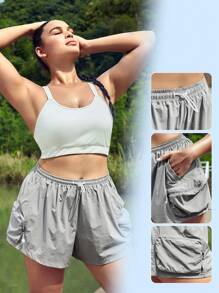 Lifespree 大碼腰部抽繩運動短褲帶手機袋 - 灰色 - 查看 5