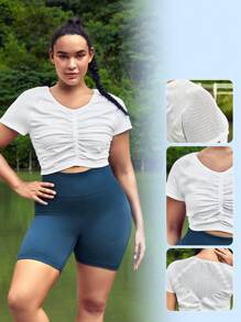 SHEIN Rhythm Era 大碼前收褶短款運動T恤 - 白色 - 查看 5