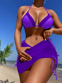 三角結帶連領露脐比基尼套裝（配沙灘裙） - 紫色 - 查看 1