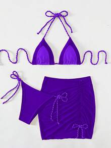 三角結帶連領露脐比基尼套裝（配沙灘裙） - 紫色 - 查看 4