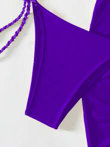 三角結帶連領露脐比基尼套裝（配沙灘裙） - 紫色 - 查看 5