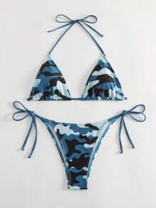 迷彩印花吊带三角比基尼套装，适合夏季海滩度假 - 彩色 - 查看 5