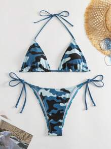 迷彩印花吊带三角比基尼套装，适合夏季海滩度假 - 彩色 - 查看 6