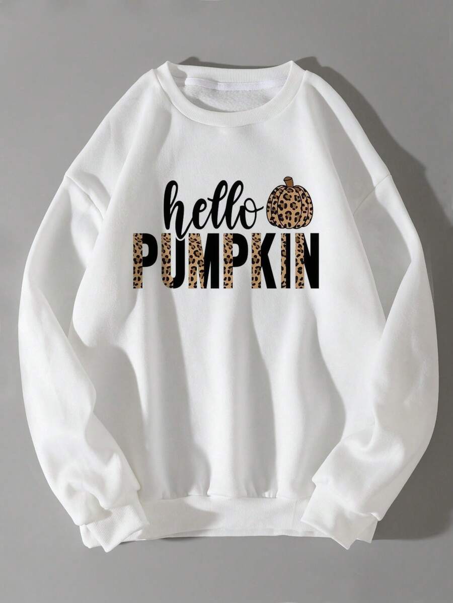 INAWLY Halloween Letter Graphic Thermal Lined Sweatshirt - White - View 1