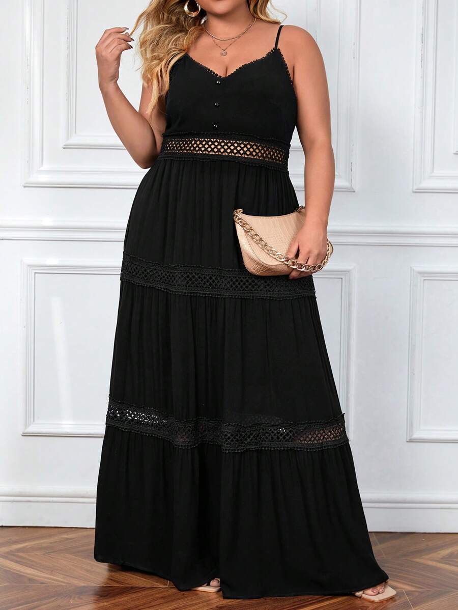 SHEIN VCAY Talla grande Vestido de tirantes con encaje en contraste bajo con fruncido - Negro - Ver 1