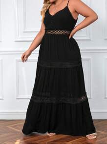 SHEIN VCAY Talla grande Vestido de tirantes con encaje en contraste bajo con fruncido - Negro - Ver 3