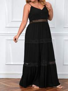 SHEIN VCAY Talla grande Vestido de tirantes con encaje en contraste bajo con fruncido - Negro - Ver 4