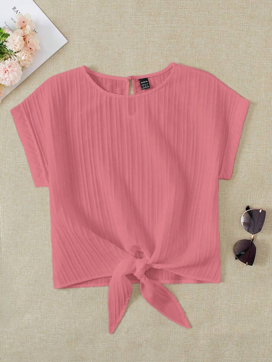 SHEIN VCAY Batwing Sleeve Knot Hem Solid Blouse,Short Sleeve Tops - Dusty Pink - View 1