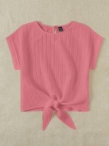 SHEIN VCAY Batwing Sleeve Knot Hem Solid Blouse,Short Sleeve Tops - Dusty Pink - View 3