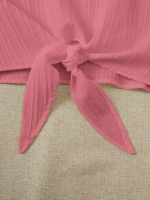 SHEIN VCAY Batwing Sleeve Knot Hem Solid Blouse,Short Sleeve Tops - Dusty Pink - View 4