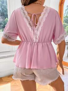 SHEIN Holidaya Hơn Ren tương phản Áo sơ mi Peplum - Màu Hồng baby - Xem 2