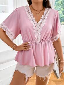 SHEIN Holidaya Hơn Ren tương phản Áo sơ mi Peplum - Màu Hồng baby - Xem 5