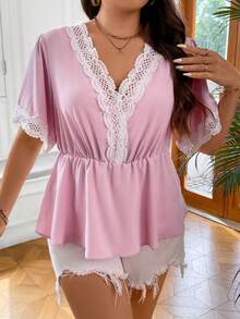 SHEIN Holidaya Hơn Ren tương phản Áo sơ mi Peplum - Màu Hồng baby - Xem 6