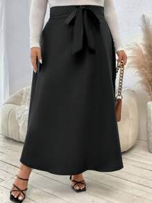 SHEIN Clasi 大碼高腰腰帶喇叭半身裙 - 黑色 - 查看 1