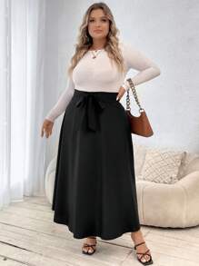 SHEIN Clasi 大碼高腰腰帶喇叭半身裙 - 黑色 - 查看 5