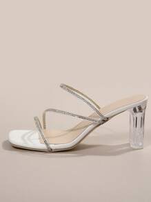 2024 New Crystal Heeled Open Toe Slides With Rhinestone Design, Stylish Long Legs Summer Sandals - White - View 3