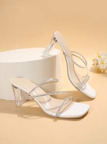 2024 New Crystal Heeled Open Toe Slides With Rhinestone Design, Stylish Long Legs Summer Sandals - White - View 4