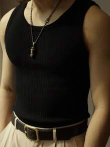 Men Solid Ribbed Knit Sweater Vest - Black - View 1