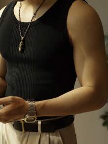 Men Solid Ribbed Knit Sweater Vest - Black - View 3