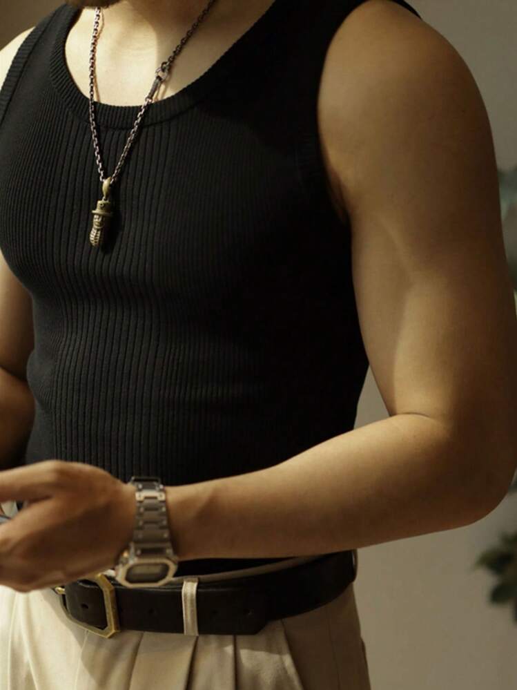 Men Solid Ribbed Knit Sweater Vest - Black - View 3
