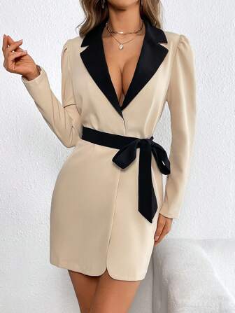 SHEIN Privé Contrast Collar Puff Sleeve Belted Coat