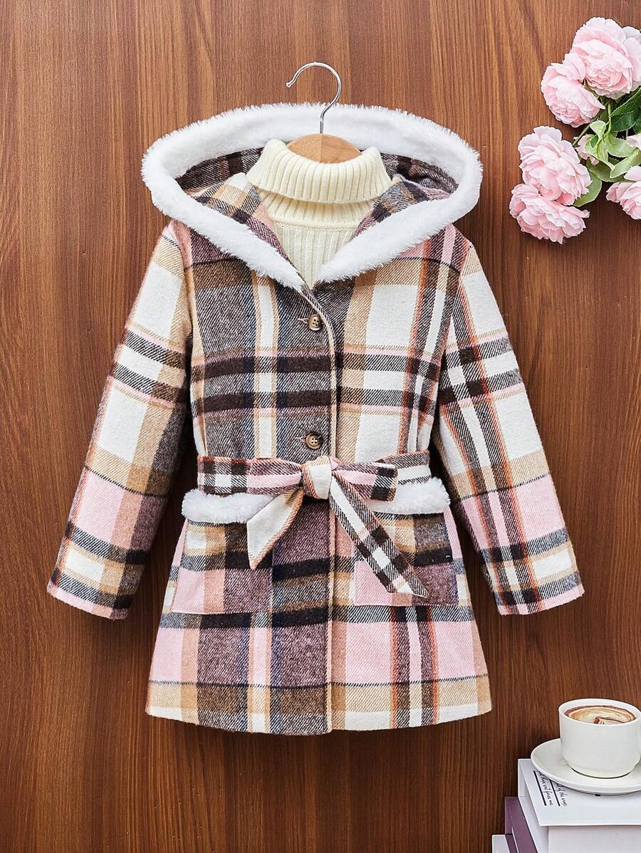 SHEIN 女小童1入組格紋印花毛茸邊連帽腰帶花呢外套無毛衣 - 彩色 - 查看 1
