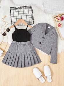 SHEIN 女小童西裝領西裝外套&百褶半身裙&吊帶上衣 - 灰色 - 查看 1