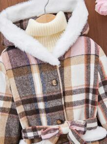 SHEIN 女小童1入組格紋印花毛茸邊連帽腰帶花呢外套無毛衣 - 彩色 - 查看 3