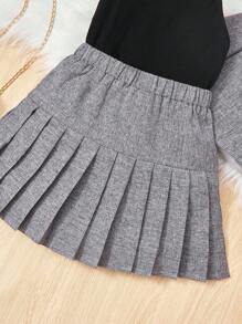 SHEIN 女小童西裝領西裝外套&百褶半身裙&吊帶上衣 - 灰色 - 查看 3