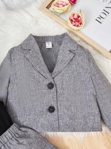 SHEIN 女小童西裝領西裝外套&百褶半身裙&吊帶上衣 - 灰色 - 查看 4