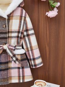 SHEIN 女小童1入組格紋印花毛茸邊連帽腰帶花呢外套無毛衣 - 彩色 - 查看 5