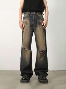 INFLATION Men Ripped Straight Leg Jeans - Dark Wash - View 1