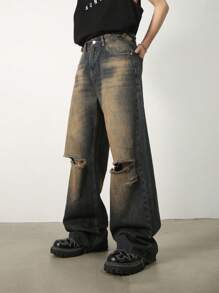 INFLATION Men Ripped Straight Leg Jeans - Dark Wash - View 3