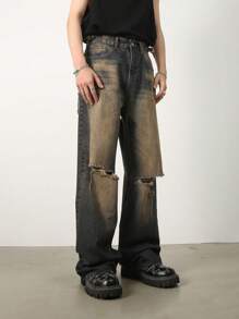 INFLATION Men Ripped Straight Leg Jeans - Dark Wash - View 4