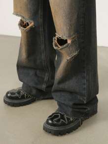 INFLATION Men Ripped Straight Leg Jeans - Dark Wash - View 5