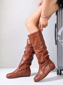 Women's Thick Heeled Wedge Ankle Boots With Simple Slip-on Design For Casual Wear - Brown - View 1