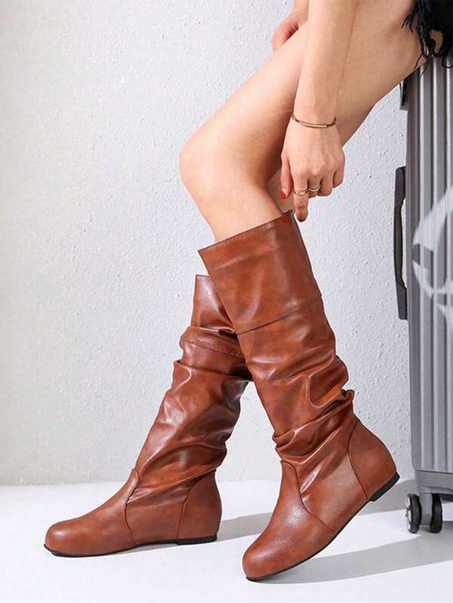 Women's Thick Heeled Wedge Ankle Boots With Simple Slip-on Design For Casual Wear - Brown - View 1