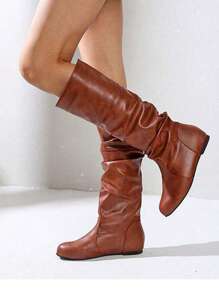 Women's Thick Heeled Wedge Ankle Boots With Simple Slip-on Design For Casual Wear - Brown - View 2