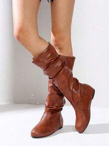 Women's Thick Heeled Wedge Ankle Boots With Simple Slip-on Design For Casual Wear - Brown - View 3