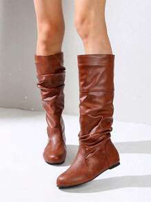 Women's Thick Heeled Wedge Ankle Boots With Simple Slip-on Design For Casual Wear - Brown - View 4