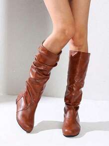 Women's Thick Heeled Wedge Ankle Boots With Simple Slip-on Design For Casual Wear - Brown - View 5