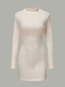 SHEIN Unity 素色小高領緊身連衣裙 - 米色 - 查看 1