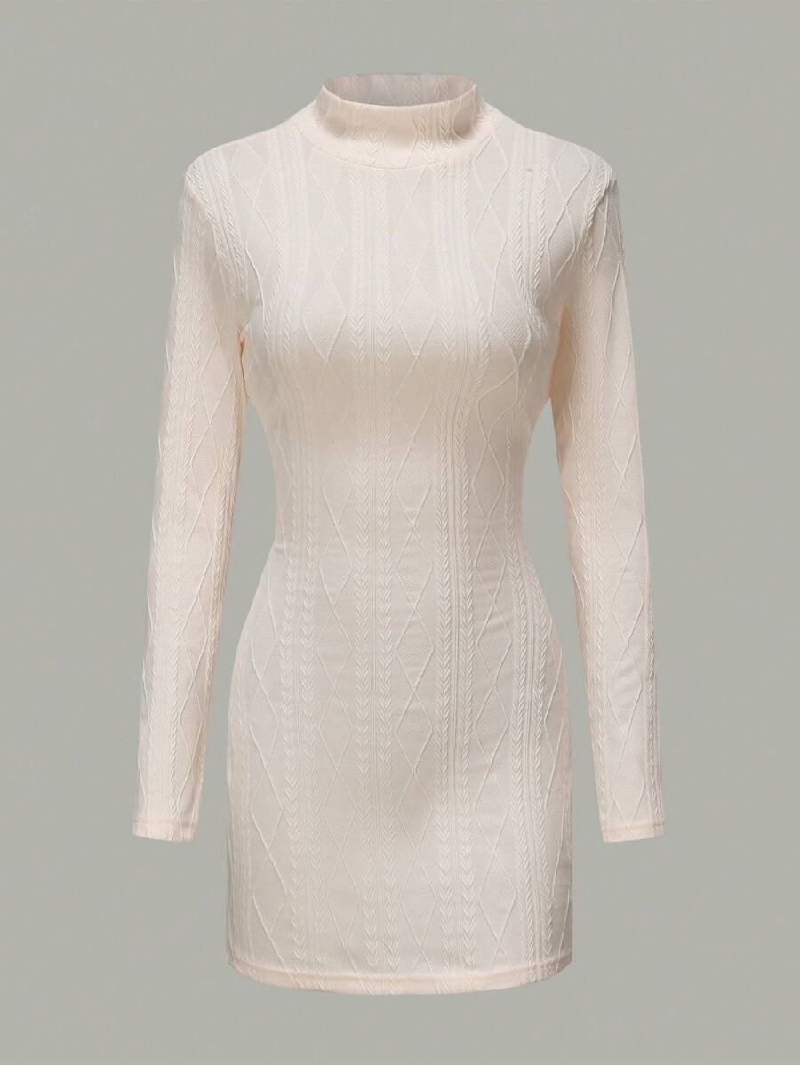 SHEIN Unity 素色小高領緊身連衣裙 - 米色 - 查看 1