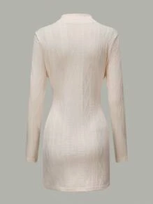 SHEIN Unity 素色小高領緊身連衣裙 - 米色 - 查看 2