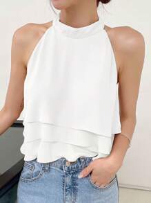 DAZY 女士纯色无袖休闲商务衬衫，无袖上衣性感女士上衣外出上衣 - 白色 - 查看 3