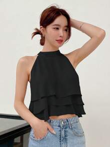 DAZY 休闲无袖纯色女式衬衫性感女式上衣外出上衣 - 黑色 - 查看 3