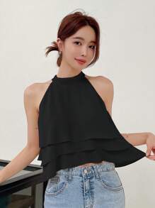 DAZY 休闲无袖纯色女式衬衫性感女式上衣外出上衣 - 黑色 - 查看 4