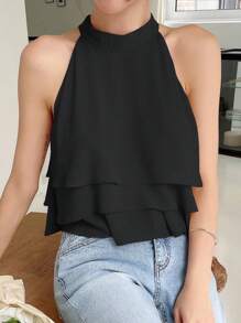 DAZY 休闲无袖纯色女式衬衫性感女式上衣外出上衣 - 黑色 - 查看 5